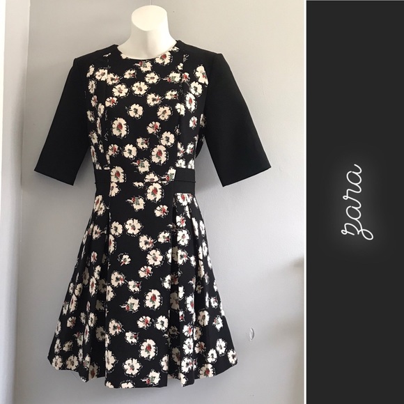 Zara Floral Block Fit & Flare Dress in Black • S - Picture 1 of 7